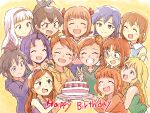  6+girls :d ^_^ ahoge akizuki_ritsuko amami_haruka antenna_hair birthday_cake black_hair blonde_hair blue_hair brown_hair cake closed_eyes facing_viewer food futami_ami futami_mami ganaha_hibiki glasses grin hagiwara_yukiho happy_birthday holding holding_cake holding_food hoshii_miki idolmaster idolmaster_(classic) kikuchi_makoto kisaragi_chihaya long_hair minase_iori miura_azusa multiple_girls open_mouth ponytail shijou_takane short_hair side_ponytail smile takatsuki_yayoi tsubobot twintails v 
