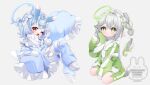 2girls :o ;d animal_ears arm_up blue_dress blue_hair blue_halo blue_socks braid braided_ponytail commentary_request cross-shaped_pupils dress from_side genshin_impact green_dress green_eyes green_halo green_socks hair_between_eyes hair_ornament halo hand_up inui_hinamochi invisible_chair leaf_hair_ornament melusine_(genshin_impact) multiple_girls nahida_(genshin_impact) one_eye_closed pointy_ears red_eyes shoes side_ponytail sigewinne_(genshin_impact) simple_background sitting sleeves_past_fingers sleeves_past_wrists smile socks socks_over_thighhighs symbol-shaped_pupils thighhighs wariza white_background white_hair white_shoes 