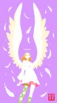  1girl absurdres angel angel_wings asymmetrical_legwear blonde_hair dress falling_feathers feathers feet_out_of_frame green_socks green_thighhighs halo highres long_sleeves medium_hair nene_(kuroear99) original purple_background short_dress socks solo standing thighhighs traditional_halo uneven_legwear wings 