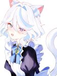  1girl animal_ear_fluff animal_ears apron black_dress blue_eyes blue_gem blue_hair blush cat_ears cat_girl cat_tail commentary_request dress drop-shaped_pupils fang frilled_apron frills furina_(genshin_impact) gem genshin_impact heterochromia highres looking_at_viewer maid maid_apron maid_headdress mismatched_pupils multicolored_hair oisimatya open_mouth puffy_sleeves short_hair skin_fang solo streaked_hair symbol-shaped_pupils tail white_apron white_hair 