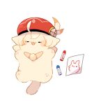  :3 :d ahoge animal animal_focus animal_with_hair animalization blonde_hair cat closed_eyes commentary_request crayon double-parted_bangs drawing_(object) genshin_impact hat klee_(genshin_impact) nasuka_gee no_humans open_mouth red_hat simple_background smile solo white_background 