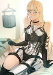  1girl absurdres android bare_shoulders black_choker black_gloves black_panties black_thighhighs blonde_hair blue_eyes cable choker commentary_request ecomoesty ei_chan_(endless_overhaul) elbow_gloves endless_overhaul exposed_internal_machinery flat_chest framed_breasts gloves highres long_hair looking_at_viewer mechabare multicolored_eyes on_bed panties parted_lips sitting solo teeth thigh_strap thighhighs underwear 