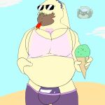 angoramon anthro bandai_namco beach belly belly_pinch bottomwear bottomwear_down bulge clothed clothing dessert digimon digimon_(species) eyewear eyewear_on_head food hair hair_over_eyes hi_res ice_cream ice_cream_cone male multisonicrules musclegut muscular navel overweight partially_clothed pecs shorts shorts_down solo sunglasses sunglasses_on_head thong underwear wearing_sunglasses