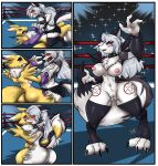 3_fingers 3_toes absurd_res angry anthro anus arm_spikes bandai_namco black_sclera blue_eyes blush bodily_fluids bottomwear breasts butt canid canid_demon canine claws clothed clothing collar comic crop_top crossover crowd crowd_watching demon digimon digimon_(species) digitigrade dipstick_ears dipstick_tail duo ear_markings entwined_tails eyelashes facial_markings feet female female/female fight fighting_ring fingerless_gloves fingers fluffy fluffy_chest fluffy_tail frown fur fusion genitals gloves grappling grey_body grey_fur group growling hair hair_over_eye hand_holding handwear head_markings hellaverse hellhound helluva_boss hi_res hug hybrid kissing leg_markings leggings legwear long_ears long_hair long_tail looking_at_viewer loona_(helluva_boss) mammal markings merge_tf merging multicolored_body multicolored_ears multicolored_fur mythological_canine mythological_creature mythology navel nipples nude nude_anthro nude_female occult_symbol open_frown open_mouth open_smile pentagram pentagram_markings pink_nipples purple_clothing purple_gloves purple_handwear red_eyes renamon scared sharp_teeth shirt shocked shoulder_spikes skimpy skirt smile spiked_collar spikes spikes_(anatomy) story story_in_description surprised symbol tail tail_coil tail_markings tears teeth thigh_markings toe_claws toes toki_cat topwear torn_bottomwear torn_clothing torn_skirt transformation two_tone_body two_tone_fur vulva white_body white_fur white_hair wrestling yellow_body yellow_fur