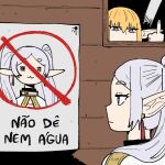  2girls :3 =_= blonde_hair blue_eyes brown_eyes earrings elf expressionless fingernails frieren grey_hair hand_up jewelry middle_finger multiple_girls pointy_ears portuguese_text poster_(object) serie_(sousou_no_frieren) sousou_no_frieren translated twintails wanderjegson window 