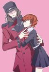  1boy 1girl aragaki_shinjirou averting_eyes beanie black_jacket black_skirt blush bow bowtie brown_hair coat commentary_request couple feet_out_of_frame from_side gekkoukan_high_school_uniform hair_ornament hairclip hat height_difference hetero highres hug jacket korean_commentary long_sleeves looking_at_another medium_hair onlyufevr parted_lips persona persona_3 persona_3_portable pink_background pleated_skirt profile red_bow red_bowtie red_coat school_uniform shiomi_kotone shirt shy skirt sweatdrop white_shirt wing_collar 