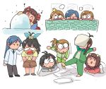  6+girls akizuki_ritsuko amami_haruka antenna_hair bath black_hair blue_hair blush bow brown_hair brown_shorts commentary_request constricted_pupils eighth_note futami_ami futami_mami ganaha_hibiki green_jacket green_pants grey_pants hair_bow highres idolmaster idolmaster_(classic) idolmaster_1 jacket kikuchi_makoto kisaragi_chihaya long_hair long_sleeves lying multiple_girls multiple_hair_bows musical_note nervous_sweating nonowa on_stomach pants pillow pillow_fight ponytail quarter_note red_bow shirt short_hair shorts side_ponytail snow sweat throwing tsubobot white_shirt yellow_bow yellow_shirt 