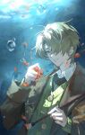  1boy absurdres air_bubble blonde_hair blue_background brown_coat brown_eyes bubble coat flower green_sweater hair_over_one_eye hands_up highres holding holding_flower holding_paintbrush male_focus muriel_(reverse:1999) one_eye_covered paintbrush parted_lips red_flower reverse:1999 shirt short_hair solo sweater syannn underwater upper_body white_shirt 