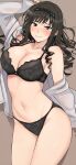  1girl amagami black_bra black_hair black_hairband black_panties bra breasts cleavage collared_shirt commentary_request cowboy_shot curly_hair dress_shirt drill_hair grey_eyes hairband highres large_breasts lying mobu morishima_haruka open_clothes open_shirt panties shirt shirt_partially_removed smile solo underwear white_shirt 