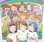  3girls :d ^_^ akizuki_ritsuko amami_haruka blue_hair bow brown_hair closed_eyes commentary_request facing_viewer futami_ami futami_mami ganaha_hibiki grin hagiwara_yukiho hair_bow highres holding holding_paint_palette holding_paintbrush hoshii_miki idolmaster idolmaster_(classic) idolmaster_2 kikuchi_makoto kisaragi_chihaya long_hair minase_iori miura_azusa multiple_girls multiple_hair_bows open_mouth paint_on_clothes paint_palette paintbrush painting_(object) red_bow shijou_takane shirt short_hair short_sleeves side-by-side side_ponytail smile t-shirt takatsuki_yayoi tsubobot v-shaped_eyebrows white_shirt 