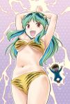  1boy 1girl \m/ animal_print armpits arms_up bare_arms bikini black_eyes blue_jacket blue_pants breasts brown_hair commentary_request cone_horns cowboy_shot electricity electrocution electrokinesis fang from_below gakuran green_hair highres horns interlocked_fingers jacket long_hair looking_at_viewer lum medium_breasts moroboshi_ataru nagano_akane navel open_mouth own_hands_clasped own_hands_together pants pointy_ears print_bikini purple_background red_eyes red_shoes school_uniform shoes short_hair sidelocks sneakers standing star_(symbol) star_symbol_background stomach strapless strapless_bikini swimsuit teeth tiger_print underboob upper_teeth_only urusei_yatsura wide-eyed 