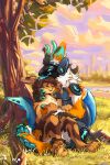 absurd_res amur_carp anthro aquatic armor carp claws cloud cloudy_sky cuddling cyprinid cypriniform duo eyewear feet fish fur glasses grass green_eyes hazel_(smowu) hi_res horn koi lagomorph leporid licking machine male male/male mammal markings park pawpads paws personal_grooming plant protogen rabbit shark_fin shark_tail sitting sky smowu social_grooming striped_markings striped_rabbit stripes sumatran_striped_rabbit sunset tongue tongue_out tree typical_carp wearing_glasses