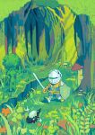  3others armor chosen_undead commentary crystal_lizard_(fromsoftware) dark_souls_(series) dark_souls_i ents_(dark_souls) forest full_armor grass highres holding holding_shield holding_sword holding_weapon in-universe_location lululu0111 multiple_others mushroom_parent nature shield snake sparkle sword tree tree_lizard_(dark_souls) weapon 