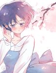  1girl absurdres acco_oekaki blue_dress blue_hair blush branch cherry_blossoms collarbone commentary_request dress fuurinkan_high_school_uniform gradient_hair hand_up highres multicolored_hair pink_eyes pink_lips ranma_1/2 school_uniform short_hair solo tendou_akane 