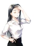  1girl arm_up bangs black_hair black_pants closed_eyes collared_shirt commentary_request cowboy_shot dress_shirt hair_behind_ear hand_on_hip hand_on_own_head highres long_hair pants parted_bangs parted_lips ruffling_hair shirt shirt_tucked_in short_sleeves shoujo_kageki_revue_starlight sidelocks simple_background sleeves_past_elbows sleeves_pushed_up solo standing sweat tareko white_background white_shirt yakumo_kyouko 