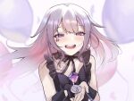  1girl absurdres balloon black_shirt blurry blurry_background candle fire gem gradient_hair grey_hair highres hololive hololive_english jewel_under_eye koseki_bijou koseki_bijou_(casual) long_hair multicolored_hair nurizza_ilst open_mouth pebble_(koseki_bijou) pink_hair purple_eyes purple_gem shirt solo teeth virtual_youtuber 