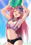  1girl armpits arms_up ball beachball bead_necklace beads bikini black_shorts blue_sky breasts checkered_clothes cleavage collar commentary demon_girl demon_horns english_commentary hair_ornament heart heart-shaped_pupils heart_hair_ornament highres holding holding_ball holding_beachball horns indie_virtual_youtuber ironmouse jewelry lollipop_hair_ornament long_hair looking_at_viewer medium_breasts multicolored_hair navel necklace one_eye_closed open_mouth pink_hair purple_hair purple_streaks rabbit_hair_ornament shorts sky smile spiked_collar spikes star_(symbol) star_hair_ornament streaked_hair swimsuit symbol-shaped_pupils twintails virtual_youtuber x_hair_ornament yncs_54 