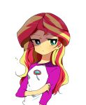 1girl animification aqua_eyes blush breasts colored_skin commentary_request equestria_girls:_legend_of_everfree flying highres long_hair long_sleeves looking_at_viewer lottemkmkd multicolored_hair my_little_pony my_little_pony:_equestria_girls my_little_pony:_friendship_is_magic official_alternate_costume orange_skin pink_sleeves raglan_sleeves red_hair shirt simple_background small_breasts solo streaked_hair sunset_shimmer sunset_shimmer_(human) two-tone_hair upper_body wavy_hair white_background white_shirt 