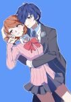  1boy 1girl arm_around_another's_waist averting_eyes black_jacket black_pants black_skirt blue_background blue_hair blush bow bowtie brown_eyes brown_hair cardigan choker closed_mouth commentary_request couple earphones_removed earrings feet_out_of_frame flipped_hair gekkoukan_high_school_uniform hair_over_one_eye hand_on_another's_head heart heart_choker hetero highres hug jacket jewelry korean_commentary long_sleeves looking_at_another loose_bowtie miniskirt onlyufevr open_clothes open_jacket pants parted_lips persona persona_3 pink_cardigan pleated_skirt red_bow red_bowtie ribbed_cardigan school_uniform shirt short_hair shy skirt stud_earrings takeba_yukari white_choker white_shirt wing_collar yuuki_makoto_(persona_3) 