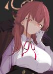  1girl :/ absurdres aru_(blue_archive) black_background blue_archive breasts brown_coat brown_horns chanshiyu coat coat_on_shoulders collared_shirt commentary_request fur-trimmed_coat fur_trim gloves hair_over_shoulder half-closed_eyes halo hand_up highres horns large_breasts long_hair long_sleeves looking_at_viewer neck_ribbon orange_halo red_eyes red_hair red_ribbon ribbon shirt simple_background solo upper_body white_gloves white_shirt 