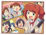  1girl :d ^_^ black_hair blazer blue_hair blush border bow bowtie brown_eyes brown_hair closed_eyes commentary_request diploma futami_ami futami_mami ganaha_hibiki green_eyes grey_jacket happy_tears holding holding_diploma idolmaster idolmaster_(classic) jacket kikuchi_makoto kisaragi_chihaya lapels long_hair long_sleeves looking_at_viewer notched_lapels open_mouth orange_hair photo_(object) ponytail red_bow red_bowtie school_uniform short_hair side_ponytail smile takatsuki_yayoi tears tic-tac-toe tsubobot twintails v white_border 