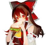  1girl ascot bare_shoulders bow brown_hair collared_shirt commentary_request detached_sleeves eating food frilled_ascot frilled_bow frilled_hair_tubes frilled_shirt_collar frills hair_between_eyes hair_bow hair_tubes hakurei_reimu hands_up highres holding holding_food holding_sandwich long_sleeves looking_at_viewer maggie751121 purple_ribbon red_bow red_eyes red_shirt ribbon sandwich shirt short_hair simple_background skirt skirt_set sleeveless sleeveless_shirt solo touhou upper_body white_background white_skirt white_sleeves wide_sleeves yellow_ascot 