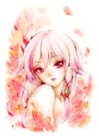 1girl commentary_request fu_hua fu_hua_(phoenix) highres honkai_(series) honkai_impact_3rd long_hair looking_at_viewer mon_momu nude painting_(medium) ponytail red_eyes solo traditional_media upper_body watercolor_(medium) white_background white_hair 