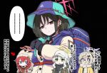  4girls absurdres ahoge beanie black_hair black_scarf blonde_hair blue_archive blue_eyes blush braid chihiro_(blue_archive) chihiro_(blue_archive)_(cosplay) chihiro_(camp)_(blue_archive) commentary_request cosplay glasses green_eyes green_jacket grey_hair hair_between_eyes halo hare_(blue_archive) hare_(camp)_(blue_archive) hat highres jacket kotama_(blue_archive) kotama_(camp)_(blue_archive) long_hair long_sleeves maki_(blue_archive) maki_(camp)_(blue_archive) mama_netorare_dokokai misaki_(blue_archive) multiple_girls official_alternate_costume official_alternate_hairstyle open_clothes open_jacket open_mouth ponytail purple_eyes purple_halo red_eyes red_hair red_halo scarf short_hair speech_bubble translation_request twin_braids veritas_(blue_archive) white_hat 