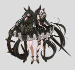  2girls absurdres amano_haruka_(sakogamitokuan) animal_ears animal_skull ankle_cuffs black_hair blush breasts chain collar dark_souls_(series) dark_souls_ii dress executioner&#039;s_chariot eye_trail hand_on_own_chest high_heels highres horse_ears horse_girl long_hair long_sleeves mask multiple_girls personification red_eyes simple_background single_leg_pantyhose skull_mask sleeveless sleeveless_dress torn_clothes torn_legwear twintails very_long_hair 
