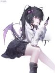  1girl absurdres artist_name asymmetrical_legwear black_hair black_skirt black_socks bow cellphone commentary_request demon_tail echoine feet_out_of_frame from_side garter_belt gradient_tail hair_bow hair_ornament highres holding holding_phone low_wings messy_hair one_side_up open_mouth original phone pleated_skirt purple_bow purple_eyes purple_wings school_uniform shirt sitting skirt smartphone socks solo tail white_background white_shirt wings x_hair_ornament yami_kawaii 