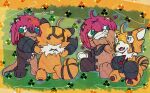 absurd_res ahoge animate_inanimate anthro bandai_namco blue_eyes brown_body brown_fur container cup cybernetics cyborg digimon digimon_(species) digimon_beatbreak duo female fur green_eyes gun_arm hair hi_res living_plushie ludomon machine male orange_body orange_fur pink_hair plushie pristimon sharp_teeth tea_cup teeth yogurtpubes