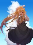 1girl :d air_(visual_novel) black_dress blonde_hair blue_sky bow cloud commentary_request cowboy_shot cross dress eyes_visible_through_hair facing_viewer gradient_sky hair_between_eyes hair_bow kamio_misuzu long_hair mani_(manidrawings) necktie open_mouth ponytail puffy_short_sleeves puffy_sleeves red_necktie shirt short_sleeves sidelocks sky smile solo standing very_long_hair white_bow white_shirt 