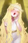  1boy :o absurdres arm_behind_back armlet blonde_hair braid circlet cowboy_shot curtained_hair ekrea_jan elden_ring gold_armlet hair_intakes half_up_braid hand_up highres jewelry light_particles long_hair long_sidelocks miquella_(elden_ring) open_mouth robe sash sidelocks solo trap very_long_hair very_long_sidelocks waist_sash white_robe yellow_eyes 