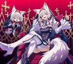  1girl absurdres animal_ear_fluff animal_ears black_panties black_sleeves black_veil boots breakdiamond breasts candle chair chibi chibi_inset cleavage commentary commission cross cross-shaped_pupils crossed_legs detached_sleeves drill_hair drill_sidelocks fingernails foot_out_of_frame frilled_sleeves frills full_body hair_between_eyes hands_up highres long_fingernails long_sidelocks looking_at_viewer mole mole_under_eye multicolored_hair multicolored_sleeves nail_polish on_chair open_mouth original own_hands_together panties red_background red_eyes red_hair red_nails sidelocks simple_background sitting symbol-shaped_pupils tail teeth thigh_boots two-tone_hair two-tone_sleeves underwear upper_teeth_only veil white_boots white_hair white_sleeves 