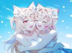  2girls alonekm alternate_costume animal_ear_fluff animal_ears blonde_hair blue_hair blue_nails blue_sky choker closed_eyes commentary_request dog_ears dog_girl dress fang fuwawa_abyssgard hair_ornament hairpin head_wreath highres hololive hololive_english hug looking_at_viewer mococo_abyssgard multicolored_hair multiple_girls one_eye_closed open_mouth pink_hair siblings sisters skin_fang sky smile twins two-tone_hair virtual_youtuber white_choker white_dress x_hair_ornament 