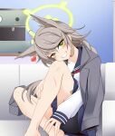  1girl ahoge animal_ear_fluff animal_ears barefoot bike_shorts blazer blue_archive blue_sailor_collar blue_skirt blush braid brown_hair coffee_maker couch fox_ears fox_girl green_eyes green_halo grin hair_between_eyes halo heart highres indoors jacket kagayai_akira long_braid long_hair long_sleeves looking_at_viewer neckerchief on_couch otogi_(blue_archive) pleated_skirt red_neckerchief sailor_collar school_uniform serafuku shirt single_braid sitting skirt smile solo solo_focus swept_bangs teeth white_shirt 