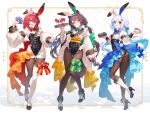  3girls :3 :d alcohol alternate_costume ange_katrina animal_ear_hairband animal_ears ass between_fingers black_corset black_leotard black_shoes blue_bow blue_bowtie blue_eyes blue_hair blunt_bangs blush border bow bow_legwear bowtie braid breasts brown_hair brown_pantyhose brown_tail brown_wrist_cuffs buttons card champagne_flute cleavage closed_mouth colored_inner_hair commentary_request corset crossed_bangs cup detached_collar detached_sleeves dog_girl dog_tail double-breasted drinking_glass drop_shadow fake_animal_ears fake_tail flat_chest frilled_shirt frilled_sleeves frills from_behind full_body gradient_eyes green_bow green_bowtie green_nails grid_background groin group_picture hair_between_eyes hair_bow hair_intakes hair_ornament hairband half-shirt hand_up hands_up heterochromia high_heels highres holding holding_card holding_poker_chip holding_tray inset_border inui_toko kneehighs knees_together_feet_apart kutori_pan'ya leotard lize_helesta long_hair long_sidelocks long_sleeves looking_at_viewer looking_back low_twintails matching_outfits medium_breasts medium_hair multicolored_eyes multicolored_hair multiple_girls nail_polish nijisanji nontraditional_playboy_bunny obi obidome obijime one_ear_down open_mouth outline outside_border pantyhose pantyhose_under_leotard puffy_long_sleeves puffy_short_sleeves puffy_sleeves purple_eyes rabbit_ear_hairband rabbit_ears rabbit_tail red_bow red_bowtie red_eyes red_hair red_nails sanbaka_(nijisanji) sash serving shirt shoes short_sleeves shorts shorts_under_leotard sidelocks signature single_ankle_cuff single_bare_shoulder single_detached_sleeve single_sleeve single_thighhigh skindentation sleeve_cuffs sleeved_leotard small_breasts smile socks socks_over_pantyhose sparkle_hair_ornament standing standing_on_one_leg star_(symbol) star_hair_ornament streaked_hair tail thigh_bow thigh_gap thigh_strap thighhighs tray twin_braids twintails two-tone_hair very_long_hair virtual_youtuber watermark white_background white_hair white_hairband white_shirt white_shorts white_sleeves white_socks white_thighhighs wine wrist_cuffs yellow_border yellow_eyes yellow_sash 