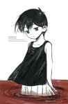  1boy antenna_hair artist_name black_eyes black_hair black_tank_top closed_mouth collarbone colored_skin double-parted_bangs expressionless hair_between_eyes highres male_focus okotahanukui omori omori_(omori) short_hair shorts solo striped_clothes striped_shorts tank_top twitter_username vertical-striped_clothes vertical-striped_shorts white_shorts white_skin 