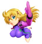  1girl absurdres arm_up blonde_hair blue_eyes blush bodysuit bouncing_breasts breasts commentary_request covered_nipples fighting_stance from_above full_body fuurinji_miu gloves hair_ornament hairclip highres impossible_clothes jacket large_breasts long_hair looking_at_viewer matsuena_shun mole mole_under_eye official_art open_clothes open_mouth outstretched_arm pink_gloves pink_jacket purple_bodysuit shijou_saikyou_no_deshi_ken'ichi simple_background skin_tight solo thighs unitard v-shaped_eyebrows white_background 