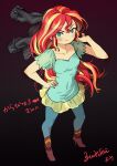  1girl absurdres animification aqua_dress aqua_eyes aqua_pantyhose blonde_hair blush boots breasts brown_boots colored_skin commentary_request commission dress equestria_girls:_friendship_games film_grain from_above hand_on_own_hip highres holding holding_unworn_clothes jacket looking_at_viewer multicolored_hair my_little_pony my_little_pony:_equestria_girls my_little_pony:_friendship_is_magic official_alternate_costume orange_skin pantyhose perspective red_hair skeb_commission small_breasts smile smirk solo streaked_hair sunset_shimmer sunset_shimmer_(human) translation_request two-tone_hair unworn_jacket zinbei 