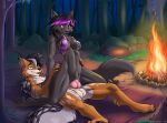 4_toes 5_fingers anthro anthro_on_anthro anthro_penetrated anthro_penetrating anthro_penetrating_anthro balls black-backed_jackal black_body black_fur black_hair blue_highlights bodily_fluids bottomless bottomless_anthro bottomless_female breasts camp campfire canid canine canis clothed clothed_anthro clothed_female clothing cum cum_in_vagina cum_inside dark_body dark_fur duo feet female female_on_top female_penetrated fingers fire firelight forest fur genital_fluids genitals grey_highlights hair hi_res highlights_(coloring) hindpaw humanoid_hands interspecies jackal jackunator knot knotted_penis lying lying_on_ground male male/female male_on_bottom male_penetrating male_penetrating_female mammal nature night nude nude_anthro nude_male on_back on_bottom on_ground on_top outdoor_nudity outside outside_sex partially_clothed partially_clothed_anthro partially_clothed_female paws penetration penile penile_penetration penis penis_in_vagina plant reverse_cowgirl_position sex smile tan_body tan_fur toes topwear topwear_only tree under_boob vaginal vaginal_penetration white_body white_fur wolf