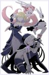  3girls :d anklet bare_shoulders bird_mask black_boots black_bow black_bowtie black_cloak black_dress black_mask black_pants black_skirt black_sleeves blonde_hair blue_border boots border bow bow_choker bowtie breasts bright_pupils cat_mask chest_jewel choker cleavage cloak closed_mouth coattails commentary_request corbeau_(madoka_magica) cuisses detached_sleeves dress evil_grin evil_smile familiar full_body fur-trimmed_cloak fur-trimmed_dress fur-trimmed_hood fur-trimmed_sleeves fur_choker fur_trim gem gloves glowing_gem green_eyes grin hair_between_eyes halter_dress halterneck hand_on_ground hand_on_own_elbow happy highres holding holding_mask hood hood_up hooded_cloak jewelry jumping knee_boots lapin_(madoka_magica) large_breasts long_sleeves loose_hair_strand magical_girl mahou_shoujo_madoka_magica mahou_shoujo_madoka_magica_magia_exedra mahou_shoujo_tart_magica mask mask_on_head masu_gitsune medium_breasts medium_dress medium_hair miniskirt minou_(madoka_magica) multiple_girls official_artist_extra on_one_knee pale_skin pants pink_dress pink_gem pink_hair pink_sleeves pleated_skirt purple_eyes purple_gem rabbit_mask rabbit_pose red_eyes shirt shoulder_pads siblings simple_background sisters skirt skirt_under_dress small_breasts smile smug standing strapless strapless_dress tailcoat tareme thigh_boots tongue tongue_out unworn_mask white_background white_boots white_choker white_gloves white_mask white_pants white_shirt yellow_gem 