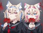  2girls alonekm alternate_costume animal_ear_fluff animal_ears bandaid bandaid_hair_ornament black_sailor_collar black_shirt blonde_hair blue_eyes blue_hair blue_nails commentary_request dog_ears dog_girl flower fuwawa_abyssgard hair_ornament hairpin holding holding_flower hololive hololive_english long_hair looking_at_viewer mococo_abyssgard multicolored_hair multiple_girls nail_polish neckerchief pink_eyes pink_hair red_neckerchief sailor_collar school_uniform shirt short_hair siblings sisters spider_lily twins two-tone_hair two_side_up very_long_hair virtual_youtuber x_hair_ornament 