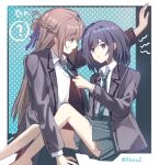  2girls absurdres aicazz blue_hair blue_skirt border braid brown_hair collared_shirt commentary grey_jacket half_up_braid half_up_half_down_braid highres jacket long_hair medium_hair miyagi_shiori multiple_girls necktie outside_border polka_dot polka_dot_background purple_eyes school_uniform sendai_hazuki shirt short_hair shuuniichido_classmate_wo_kau_hanashi sitting skirt white_border white_shirt yuri 