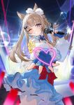  +_+ 1girl absurdres almond_eye_(the_changer)_(umamusume) almond_eye_(umamusume) animal_ears blue_eyes blue_gloves blush bow_hairband braid braided_sidelocks breasts brown_hair checkered_collar colored_inner_hair commentary_request detached_sleeves dress fingerless_gloves gloves hair_ornament hairband hairclip heart highres holding holding_microphone horse_ears horse_girl long_hair looking_at_viewer microphone multicolored_hair one_eye_closed open_mouth red_button red_plate_(kyuu45) sidelocks smile solo symbol-shaped_pupils teeth umamusume white_hairband x-shaped_pupils 