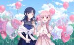  2girls alcohol balloon blue_dress blue_eyes blue_hair blue_sky bow bracelet braid card_commentary champagne commentary confetti cup dress drinking_glass earrings flower_braid fuji_fujino game_cg guest_art heart_balloon highres holding holding_cup jewelry long_hair magia_record:_mahou_shoujo_madoka_magica_gaiden mahou_shoujo_madoka_magica mahou_shoujo_madoka_magica_magia_exedra multiple_girls nanami_yachiyo necklace pearl_earrings pearl_necklace pink_eyes pink_hair pointing pointing_up puffy_short_sleeves puffy_sleeves ribbon ring sash shawl short_sleeves sky small_kyubey smile star_balloon tamaki_iroha third-party_source translation_request white_shawl 