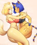  2022 animal_crossing ankha_(animal_crossing) anthro bell blonde_hair blue_eyes blue_hair blue_nails blush bodily_fluids bra brown_eyes canid canine canis clothing colored_nails domestic_cat domestic_dog duo felid feline felis female female/female fur hair hand_on_another&#039;s_shoulder hand_on_hip hi_res isabelle_(animal_crossing) looking_at_viewer lying mammal markings nails nintendo nipple_outline on_side shih_tzu short_hair smile striped_markings striped_tail stripes sweat sweatdrop tail_markings thong tongue tongue_out toy_dog tungsten_(kwfr4544) underwear uraeus video_games wet yellow_body yellow_fur 