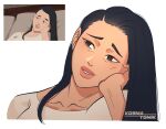  1girl artist_name black_hair brown_eyes close-up collarbone commentary debbie_grayson east_asian english_commentary head_rest highres invincible_(series) kosma_tomik long_hair looking_to_the_side mature_eyes mature_female pink_lips reference_inset simple_background straight_hair 