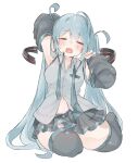 1girl ahoge aqua_hair aqua_necktie armpits arms_up black_skirt black_sleeves black_thighhighs breasts closed_eyes collared_shirt commentary_request detached_sleeves facing_viewer grey_shirt hatsune_miku highres long_hair long_sleeves medium_breasts miniskirt necktie nekonika_(e102k) open_mouth pleated_skirt shirt simple_background sitting skirt sleeveless sleeveless_shirt solo thighhighs twintails undone_necktie very_long_hair vocaloid white_background 