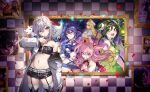  6+girls amano_suzune anniversary belt belt_buckle black_boots black_hair black_shirt black_shorts blonde_hair blue_butterfly blue_eyes blue_hair blue_hat blue_jacket boots braid breasts buckle bug bun_cover butterfly card_commentary checkered_background circle_skirt cleavage coat commentary copyright_name creature creature_on_shoulder crop_top double_bun eyelashes footwear_ribbon game_cg green_eyes green_hair grey_hair grey_ribbon guest_art gun hair_between_eyes hair_bun hair_intakes hand_on_own_chin handgun happy hat highres hinata_kagari hinata_matsuri holding holding_gun holding_weapon jacket kanade_haruka leotard light_blush long_sleeves loose_hair_strand low_twin_braids magical_girl mahou_shoujo_madoka_magica mahou_shoujo_madoka_magica_magia_exedra mahou_shoujo_suzune_magica medium_breasts midriff mikoto_tsubaki miniskirt mole mole_under_eye multiple_girls narumi_arisa newsboy_cap official_art on_shoulder orange_eyes petals picture_frame pink_eyes pink_shirt pleated_skirt purple_eyes red_skirt ribs rose_petals senri_gan shion_chisato shirt short_hair_with_long_locks short_shorts shorts siblings sidelocks single_bare_shoulder single_stripe singlet sisters skindentation skinny skirt standing striped_belt third-party_source twin_braids twins two_side_up vignetting weapon white_belt white_coat white_hat white_leotard yellow_eyes 